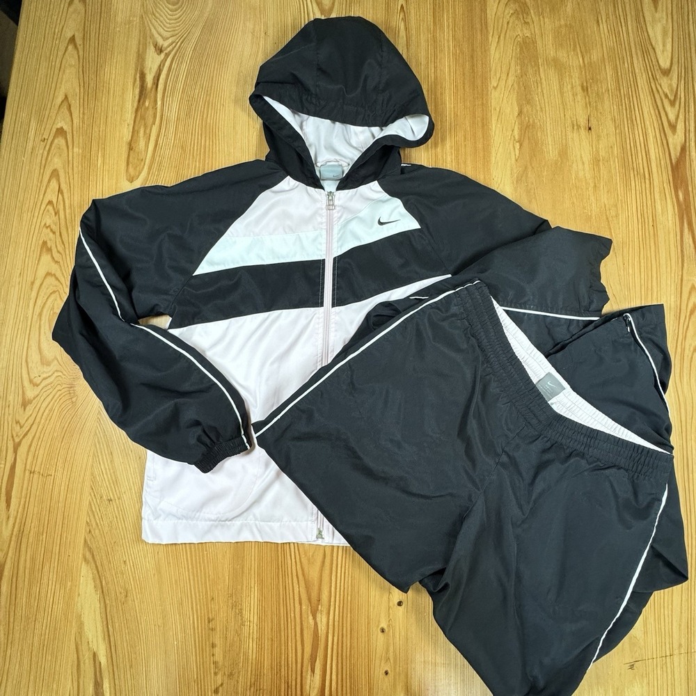 Vintage Nike Tracksuit Womens Small Black Pink Hooded Jacket Pants 2pc Set 90s